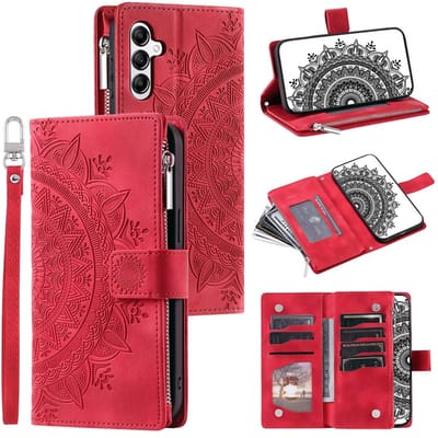 Telefoonhoesje geschikt voor Samsung Galaxy S25 FE - Portemonnee met rits - book-case hoesje - ruimte voor 8 pasjes - mandala rood