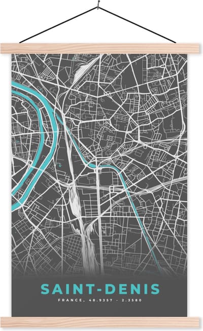 Posterhanger incl. Poster 40x60 cm - Schoolplaat - Saint-Denis - Frankrijk - Plattegrond - Kaart - Stadskaart - Textielposter - Blanke latten - Stadskaart