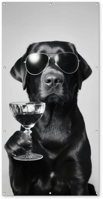 Tuinposter 100x200 cm - Tuindecoratie Hond - Zwart - Wijnglas - Zonnebril - Poster voor in de tuin - Buiten decoratie - Schutting tuinschilderij - Tuindoek muurdecoratie - Wanddecoratie balkondoek