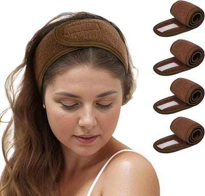 Daity Set van 4 spa-hoofdbanden voor gezichtsverzorging - make-up - douchen en yoga. Gemaakt van badstof - met klittenband - verstelbaar. Geschikt voor gezicht wassen - douchen - spa en yoga (bruin).
