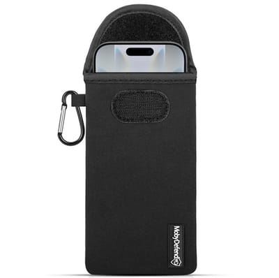 MobyDefend Hoesje - Geschikt voor iPhone 17 - Neopreen Pouch Met Karabijnhaak - Insteek - Riemlus - Zwart