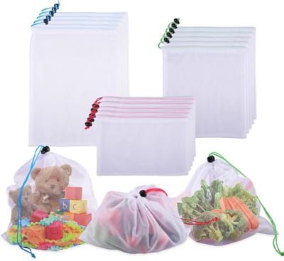 15 stuks fruit- en groentezakken, herbruikbare netzakken, groentezakken met trekkoord, opvouwbare mesh-tas in 3 maten, boodschappentas voor groenten en fruit voor het opbergen van groenten en