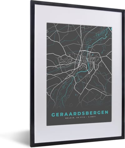 Fotolijst incl. Poster - Plattegrond – Geraardsbergen – Blauw – Stadskaart - Kaart - België - 30x40 cm - Posterlijst