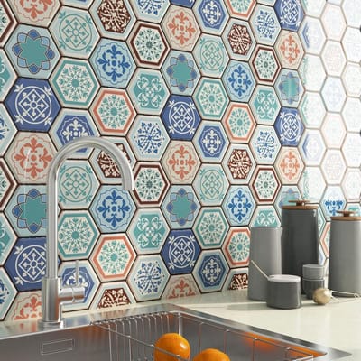 Dailygoods - FunStick 3D tegelsticker keuken zeshoek Boheems geometrisch haard keukenachterwand zelfklevende tegels blauw groen kleeftegels badkamer waterdicht wandtegels keuken blauw groen 30CM x 30CM 5 stuks
