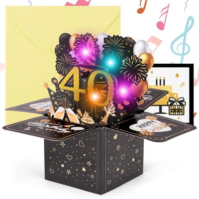 Dailygoods - OFFCUP 40e Verjaardagskaart 3d-Wenskaart Met Muziek En Licht Voor De 40e Verjaardag Pop-Upkaart Verjaardagskaarten Verjaardagscadeau Voor Vrouwen Kinderen Vriendin Mannen (Zwart Goud)