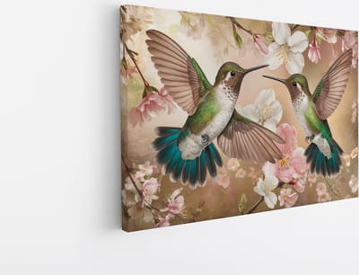 Saammp Canvas Schilderij - 2 Kolibries tussen de bloemen - Dieren - Bloemen - 30x20 - Foto op canvas - Wanddecoratie - muurdecoratie Woonkamer - Slaapkamer decoratie - Canvas Print