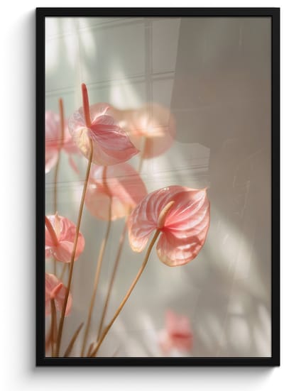 Poster in lijst - Fotolijst 60x90 cm - Posters - Bloemen - Stelen - Roze - Schaduw - Posterlijst zwart - Decoratie - Wanddecoratie woonkamer - Muurdecoratie slaapkamer