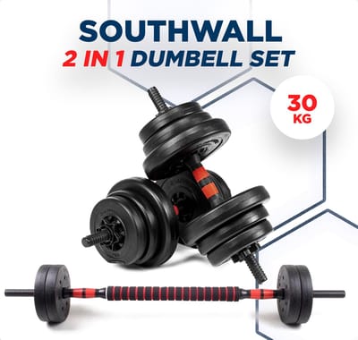 SOUTHWALL Dumbbells set Verstelbaar met halterstang tot 30kg – Halterset – Verstelbare Halterset – Fitness Stang – Fitness Gewichten Set – Professionele 2-in-1 Dumbbellset – Gebruiksvriendelijk – Multifunctioneel – Dumbell set 30 kg – Rood/Zwart