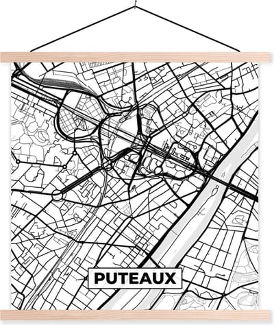Posterhanger incl. Poster 40x40 cm - Schoolplaat - Kaart - Puteaux - Plattegrond - Frankrijk - Stadskaart - Zwart wit - Textielposter - Blanke latten - Stadskaart