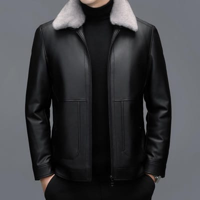Veste d'hiver en cuir véritable pour hommes d'âge moyen, courte, en fourrure monobloc, pour hommes, épaissie, en peau de mouton, à revers 4XL black