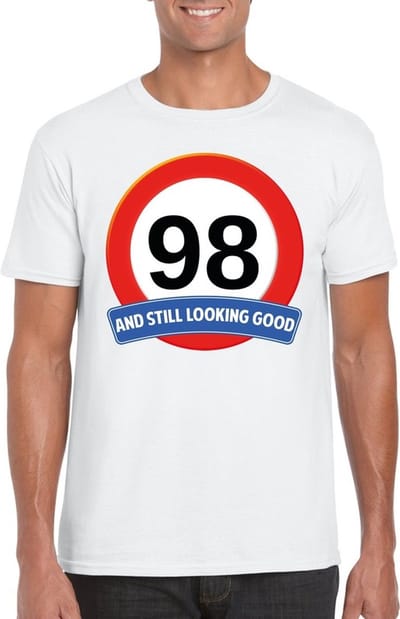 98 jaar and still looking good - t-shirt met verkeersbord print - wit - voor heren - verjaardag cadeau - party - feestartikelen 98 jarige S