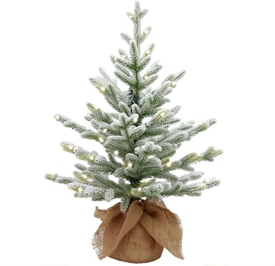Cambridge flocked verlichte tafelkerstboom - 75 cm - 0 - Ø51 cm - 189 tips - 35 ledlampjes (warm wit) - Besneeuwd/Frosted - Jute zak