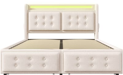 Gestoffeerd tweepersoonsbed van 140x200 mm met LED-hoofdbord, USB-C-oplaadfunctie, 4 lades, opbergruimte, frame van hout en metaal, lattenbodem, draagvermogen van 300 kg, beige, katoen (matras niet inbegrepen).
