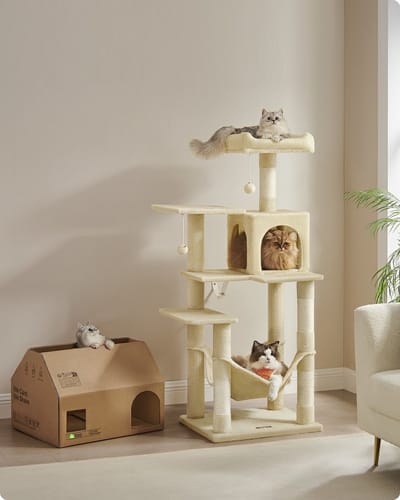 Bobbel Home - krabpaal - 143 cm - stabiele krabpaal met kattenhuis - Multi level- Beige