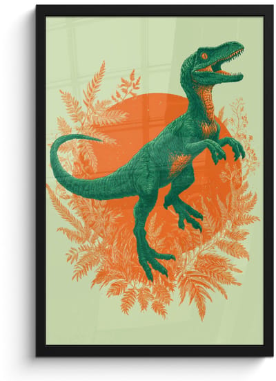 Poster in lijst - Fotolijst 40x60 cm - Posters - Dinosaurus - Groen - Planten - Cirkel - Posterlijst zwart - Decoratie - Wanddecoratie woonkamer - Muurdecoratie slaapkamer
