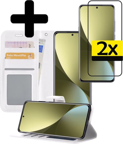 Hoesje - Met 2x Screenprotector - Geschikt voor Xiaomi 12 - Luxe Pasjeshouder - Bookcase Portemonee - Flip Case - Kunstleer Book Case - Flipcase Hoes - Book Cover - Walletcase - Portemonneehoes - Telefoonhoesjes - Wit