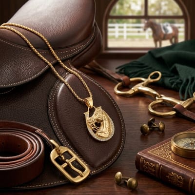 Goudkleurige ketting met hoefijzer en paardenhoofd hanger – ketting voor heren en dames – dierenhanger – met strassstenen – gelukssymbool