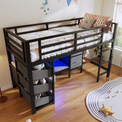 90x200 cm halfhoogslaper - met LED-verlichting - met zitting - opberglade - stoffen opbergtas - kledinghaakzone - zonder matras - zwart