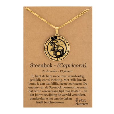 Sterrenbeeld Steenbok (Capricorn) Ketting op Cadeau Kaartje - Goudkleurig - Roestvrij Staal Zodiac Talisman - Stainless Steel - 60cm - Pax Amare