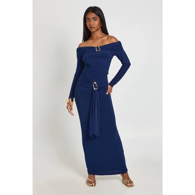 boohoo Dames Slinky Maxi Rok Met Gerimpelde Taille En Decoratieve Details | Navy | Maat: 8