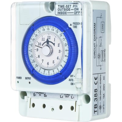 Minuterie mécanique de 24 heures avec batterie, intervalles de 15 minutes, broches poussoirs, non-panne de courant, 100V-240V, 15A blanc