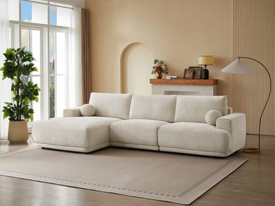 Vente-unique Linker hoekbank in beige chenille stof EMABI van Maison Céphy in chenille stof beige