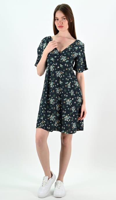 YesMooi - Mini Jurk met Bloemenprint - V-hals en Open Rug - L (40) - Donkergroen | Blauw | Oranje