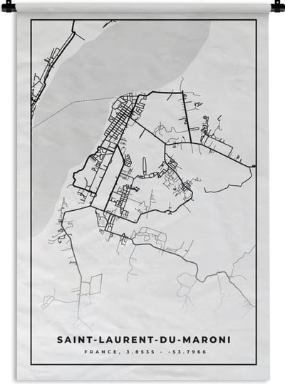 Wandkleed - Wanddoek - Stadskaart - Frankrijk - Kaart - Saint-Laurent-du-Maroni - Plattegrond - Zwart wit - 120x180 cm - Wandtapijt