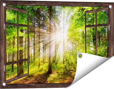 Gards Tuinposter Doorkijk Bos met Zon tussen de Bomen - 60x40 cm - Tuindoek - Tuindecoratie - Wanddecoratie buiten - Tuinschilderij
