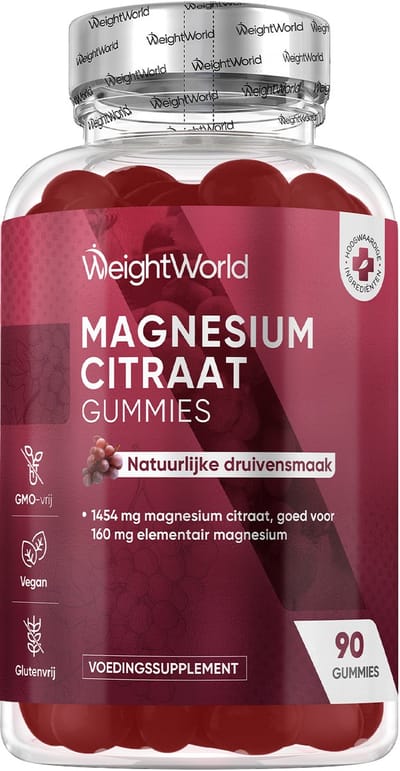 WeightWorld Magnesium gummies - 160 mg magnesium citraat per portie - 90 vegan gummies - Natuurlijke druivensmaak