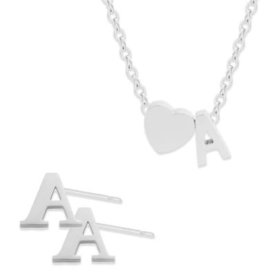Initiaal Ketting & Oorbellen set met Letter A ZIlverkleurig - Stainless Steel - Met letter & Hartje! - 2x Sieraden Cadeau - Pax Amare