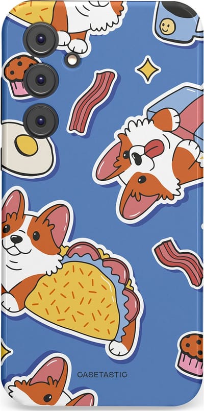 Casetastic Hoesje Geschikt voor Samsung A35 - Stijlvolle Beschermende Duo-layer Case - Corgi en Snacks