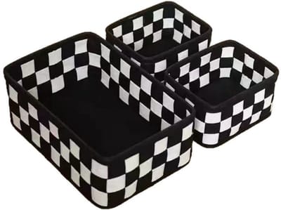 Zwart-wit geblokte opbergmand voor cosmetica, brede opening, zwart-wit design, set van 3.