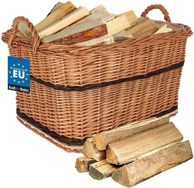 KOTARBAU® Haardhoutmand, 55 x 45 cm, Tweekleurig, Rieten Houtmand Met Handvat, voor Open Haard, Natuurlijke Rieten Houtmand, Mand voor Haardhout, Robuust en Duurzaam