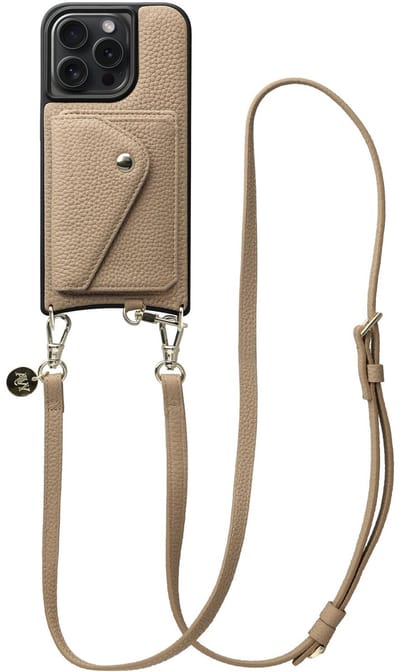 AVY Leren Hoesje geschikt voor Apple iPhone 14 Pro Max | Met Koord en Magnetische Kaarthouder | Compatibel met MagSafe | Leather Case met 130CM Koord & Wallet | Long Leather | Beige
