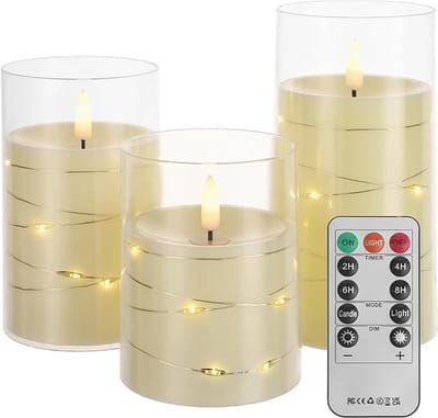 Led kaarsen in glas - Set van 3 - Met LED lichtjes - Fairy lights - Wit - Inclusief afstandbediening