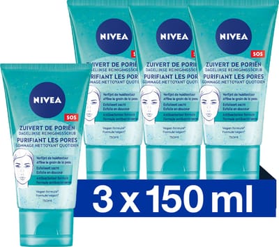 NIVEA Essentials Dagelijkse Reinigingsscrub - Reinigingsscrub - Gezichtsreiniger - Voor de onzuivere huid - Melkzuur - Magnolia extract - 3x150 ml