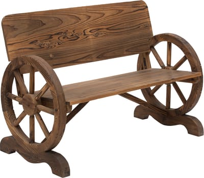 Killogood 2-zits tuinbank massief hout met armleuning - zitbank met wagenwiel design - tuinmeubelen belastbaar 250kg - rustieke bank - 114 x 58 x 80 cm - bruin