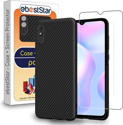 ebestStar - Hoes geschikt voor Xiaomi Redmi 9A, Hoogwaardig Zacht TPU Bescherming, Koolstof Design Hoesje, Zwart + Gehard Glas