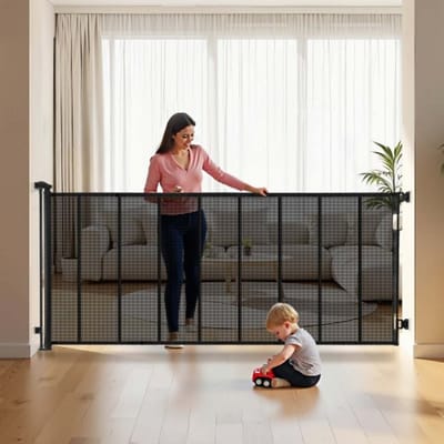 VEVOR Intrekbare Baby Hek, Honden Hek, Uitschuifbaar Tot 415 Cm Breedte / 99 Cm Hoogte, Huisdier Hek met Versterkte Glasvezel Strips, Gaas Beschermend Hek voor Patio'S Garages Zwart