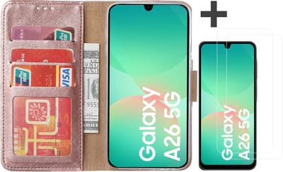 Hoesje met 2 Stuks Screenprotectors Geschikt voor Samsung Galaxy A26 – Arara bookcase met pasjeshouder - Rosegoud