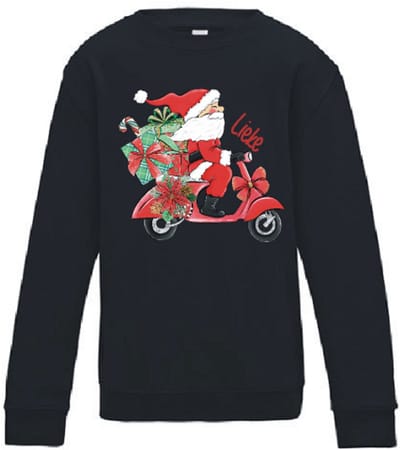 Grappige Kerst sweater met Kerstman op Scooter – Met Eigen Naam – Zwart maat 92 – Livingstickers