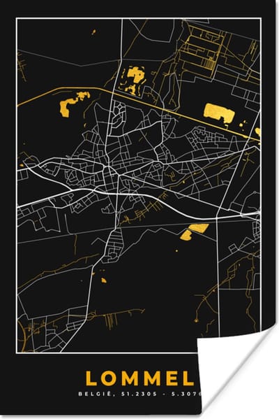 Poster Stadskaart - Plattegrond - Goud - Lommel - Kaart - 120x180 cm XXL