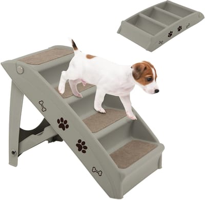 COSTWAY Huisdiertrap met 4 treden met vloerbedekking, hondentrap, kunststof kattentrap, opvouwbaar, hondenhelling, draagbare diertrap voor honden en katten, dierenhelling om te klimmen en te krabben