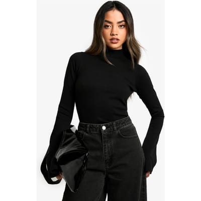 boohoo Dames Top met hoge hals, geribbelde stof en uitlopende mouwen | Zwart | Maat: 34