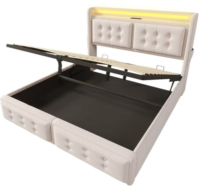 Gestoffeerd tweepersoonsbed van 160x200 mm met LED-hoofdbord en USB-C-oplaadfunctie, hydraulisch matras, lattenbodem en metalen frame, draagvermogen 300 kg, beige, katoen (matras niet inbegrepen).