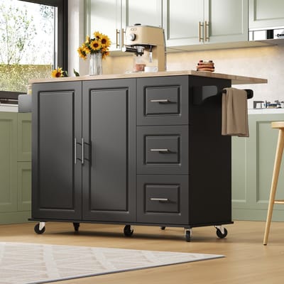 Verplaatsbaar keukeneiland - L137xB76xH92 cm, eikenhouten werkblad, inklapbaar ontwerp, multifunctioneel kastje, 3 lades, handdoekrek, geschikt voor keuken, eetkamer en thuis - Zwart