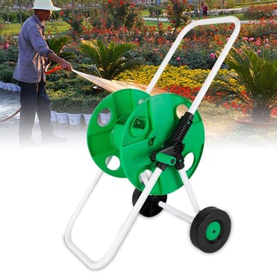Slangwagen Metaal - Waterslanghouder - Tuin Bewatering - Montage Zonder Gereedschap - Hoogte 87cm - Groen Wit