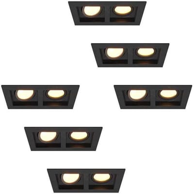 HOFTRONIC - Set van 6 Fresno Dubbele Inbouwspots - Rechthoek - 2x GU10 - 2700K Warm wit - 10 Watt 800 lumen - Kantelbaar - IP20 stofdicht - Zwart