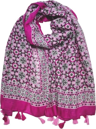 Lange dames sjaal Noortje fantasiemotief fuchsia wit grijs zwart roze